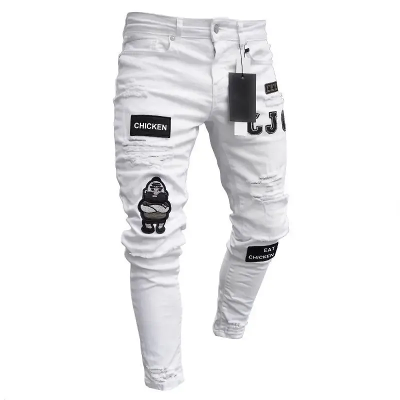ズボン2023白い刺繍のスキニーリッピングジーンズメンコットンストレッチスリムフィットヒップホップデニムパンツマン用のカジュアルジーンズジョギングズボン