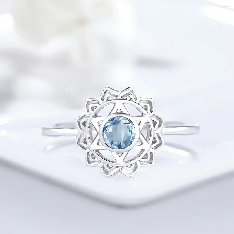 Bagues de cluster Top Qualité Aquamarine Bague Sun Flower 925 Sterling Argent Pour Femmes Trendy Anniversaire Dating Cadeau Fine Bijoux Lady