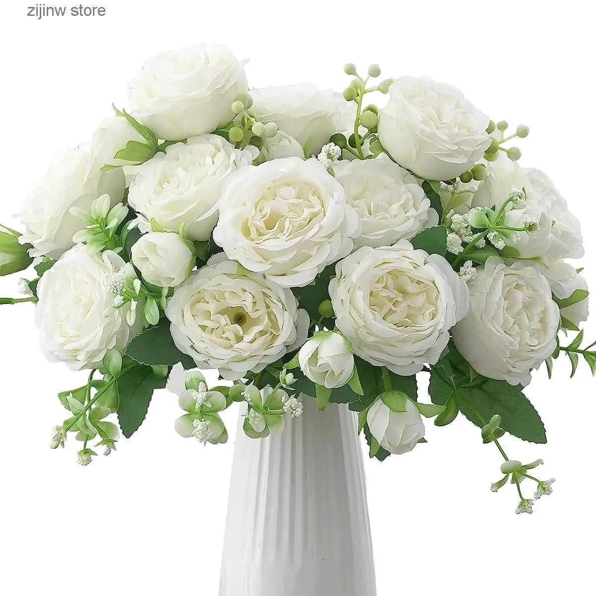 Faux Floral Greenery 1 PC Flores Artificiais Seda Rosa Peônia Pequeno Buquê Branco Vasos para Festa em Casa Decoração de Casamento de Inverno Barato Planta Falsa Y240322