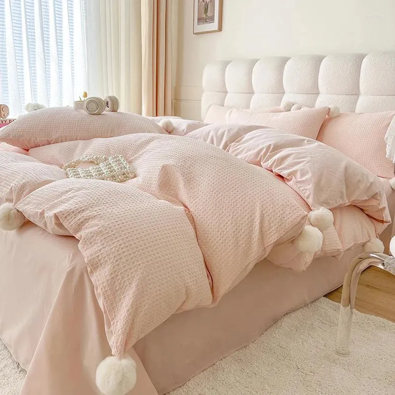 Bedding Sets Pink Plush Ball Design Washed Cotton Set Duvet Cover Linen Fitted Sheet Pillowcases Home Textile