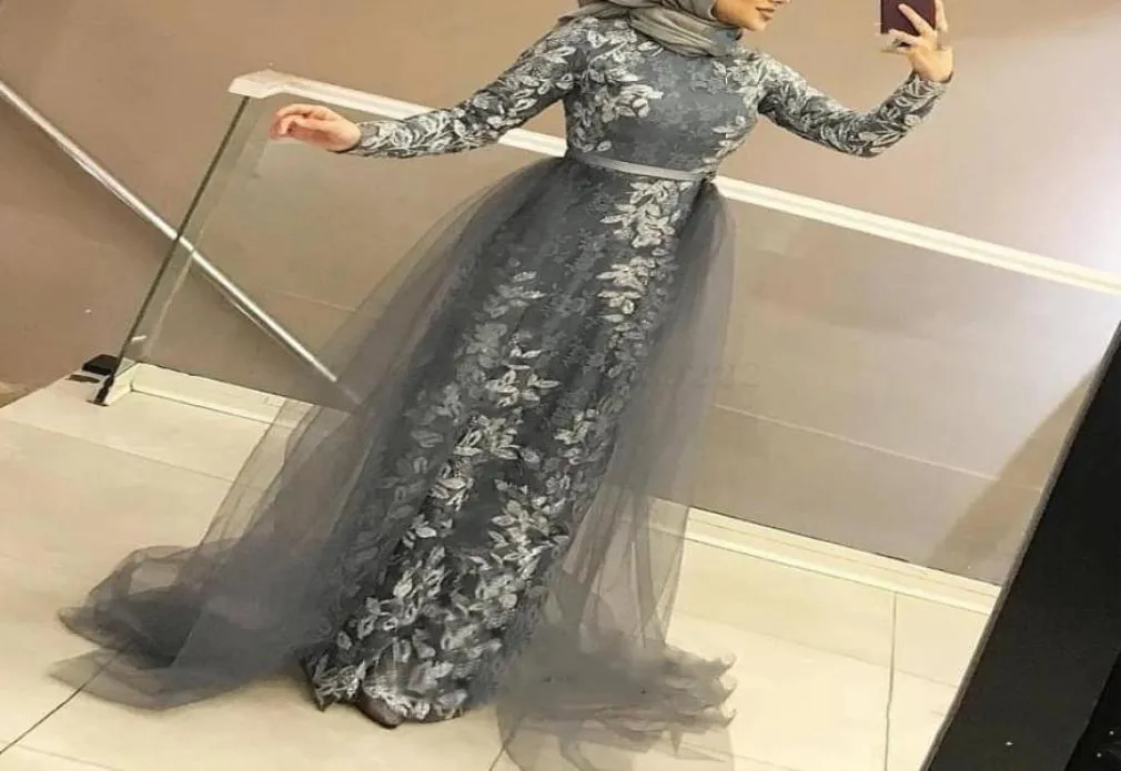 Elegant Gray Hijab Muslim Style Formal Evening Dresses With Detachable Train Applique Lace Long Sleeve Arabic Women Prom Dress Par7899933
