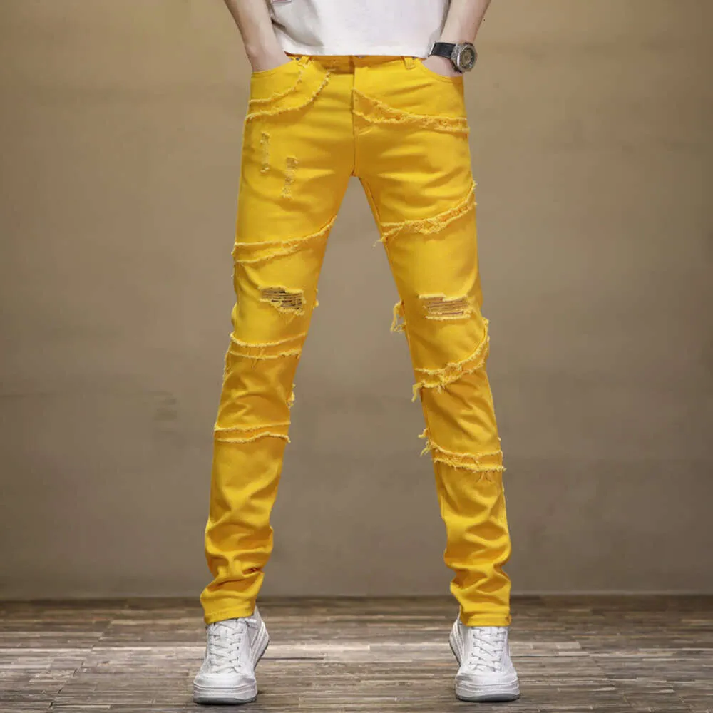 2023 Summer New Men's Splicing Perforated Fluorescent Yellow Casual Slim Fit Trend Small Feet Mid Waist Pants for Men