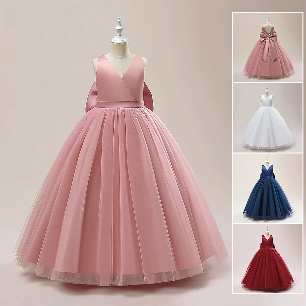 Skönhet Pink White Navy Blue Wine V-hals Flower Girl Dresses Girl's Birthday Dresses Girls Party Kirt Girl Girl Dress Kids 'Party Wear SZ 2-4 D322132