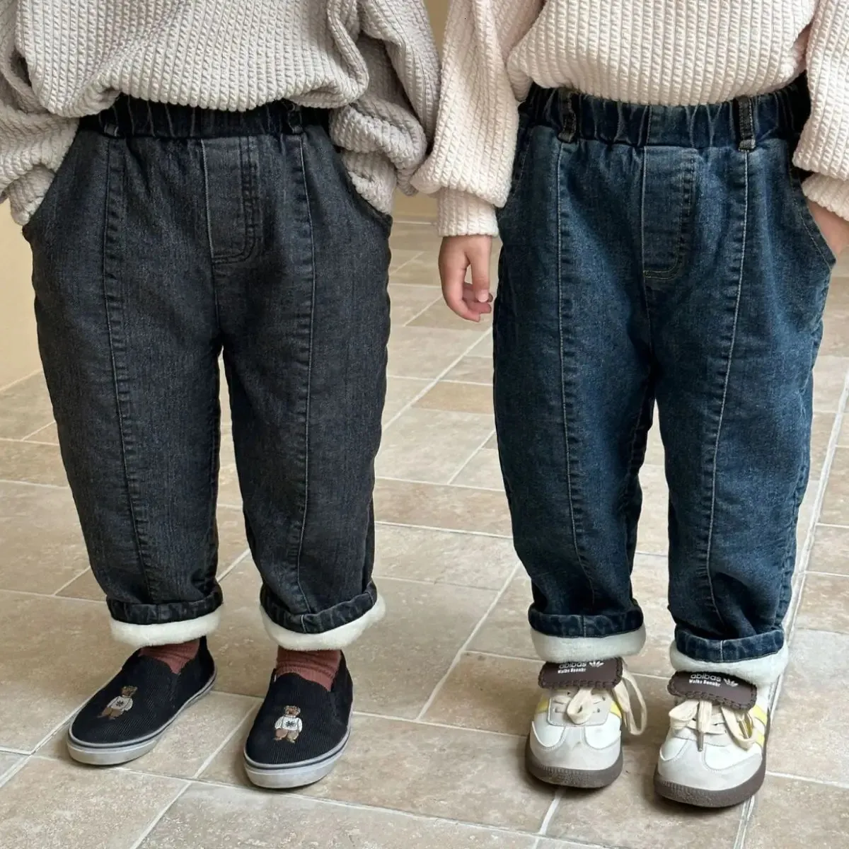 Outono inverno menino crianças mais veludo quente jeans retro menina bebê velo engrossar calças jeans criança algodão calças casuais roupas 240315