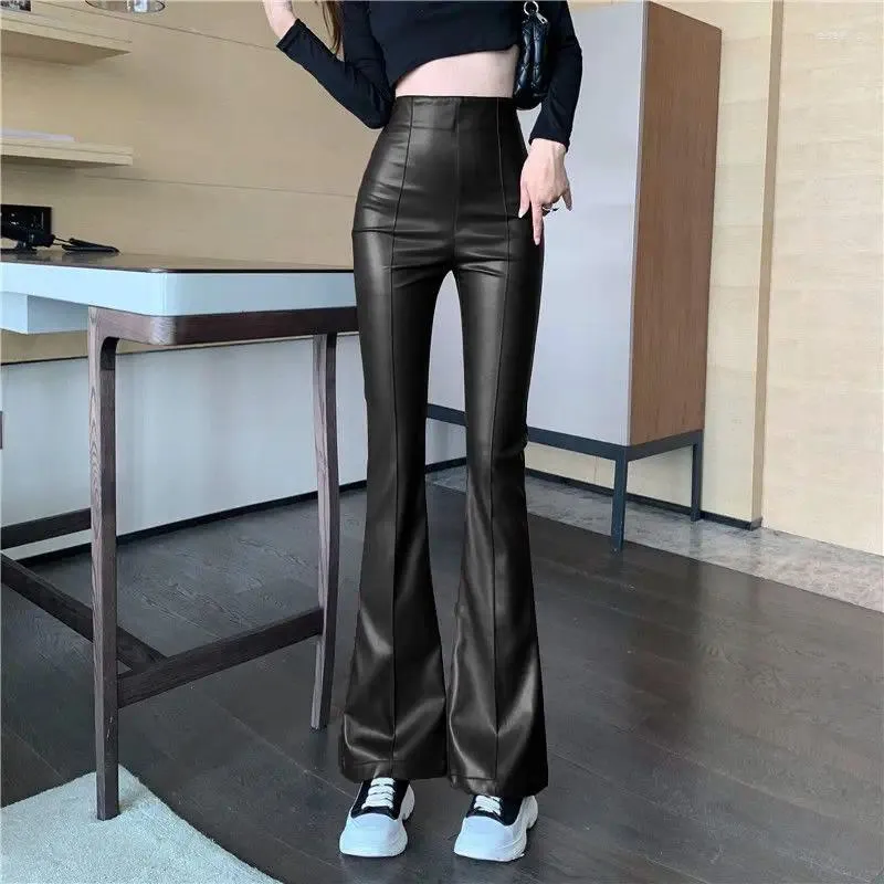 Kadın Pantolon 2024 Women'in Deri Sonbahar Retro Slim High Bel Geniş Bacak Kadınlar için Y2K Street Fashion Fired