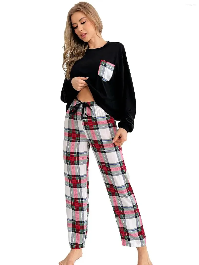 Kvinnors sömnkläder Kvinnor Pyjama Ställ långa ärmar O Neck Top Plaid Drawstring i full längd Pants Fall Winter Spring Female Nightwear