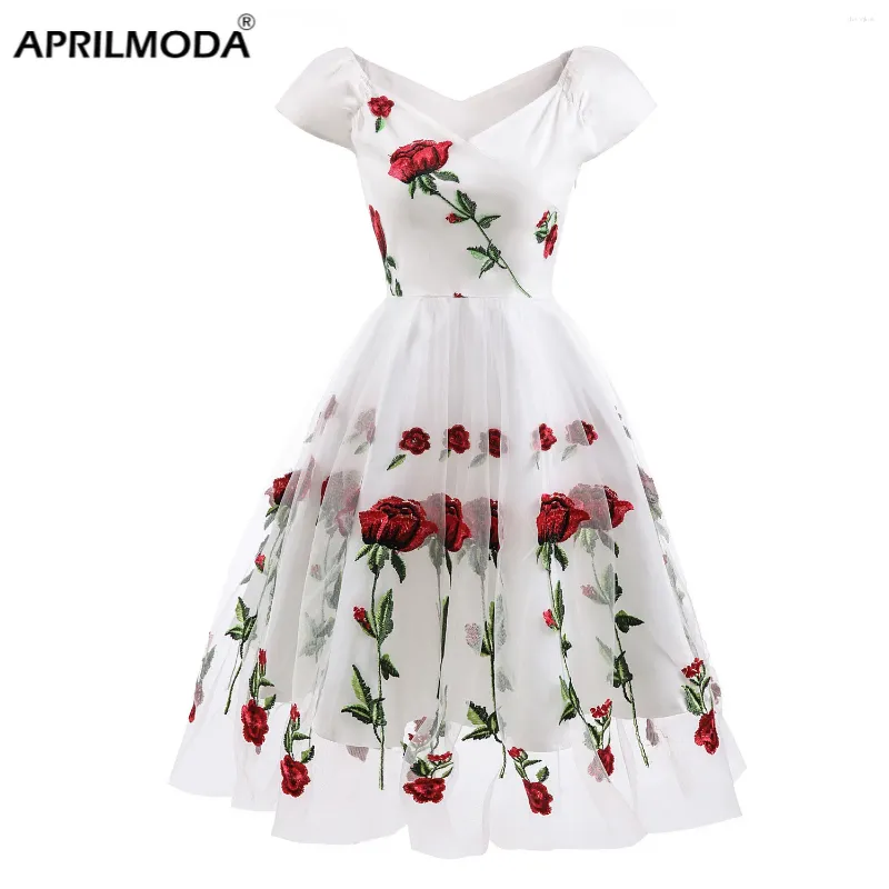 Vestidos de festa 2024 rosa flor bordado mulheres vestido v pescoço elegante malha plissada floral impresso branco midi túnica vintage formal jurken