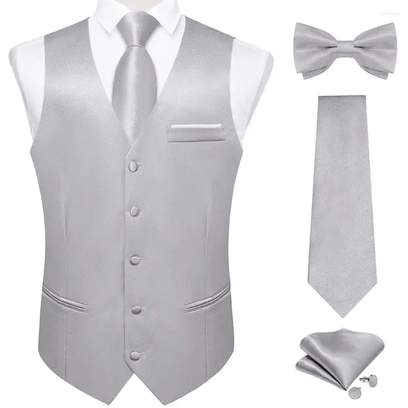 Gilet da uomo Elegante gilet grigio solido con tasca Gilet in raso Cravatta Papillon Fazzoletto Gemelli per smoking Prom Matrimonio