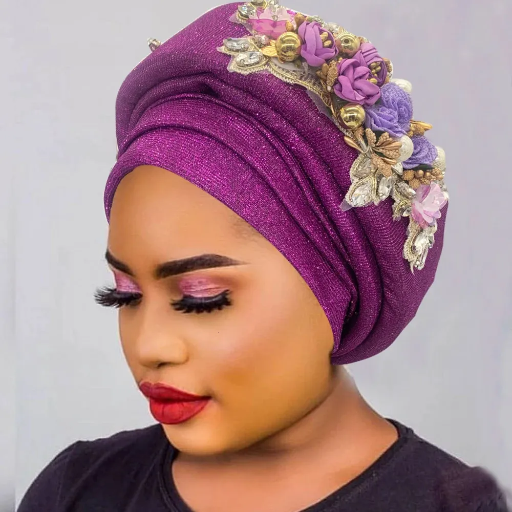 GETACOTA 3-Piece Pleated Glitter Turban For Women – Stretchy Headwrap, Beanie, African Style Cap | Gold+Red, Medium Size - View #8