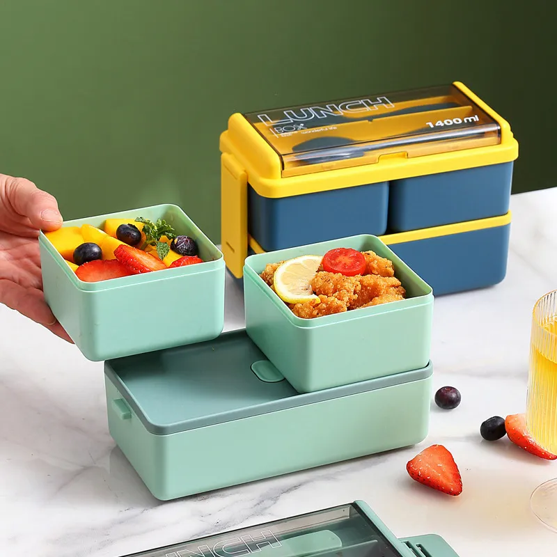 Lunch Box portatile a doppio strato per bambini con forchetta e cucchiaio Microonde Bento Box Set di stoviglie Contenitore per alimenti YFA2052