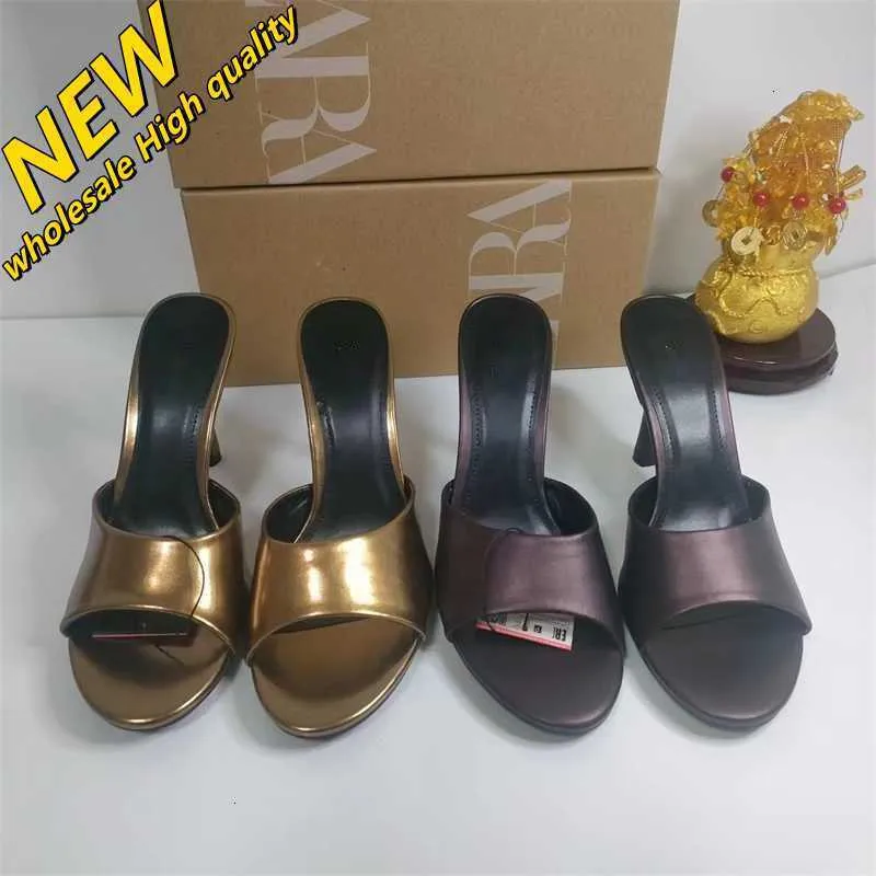 Cheap Store 90 % Rabatt auf Großhandelsschuhe Modeexplosionen Metall Hohes echtes Leder Za2024 langlebiges Gold Antik Kupfer Frühling Schafabsatz Sandalen Damen Offener Zehenbereich