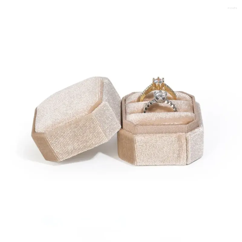 Bolsas de jóias veludo veludo duplo anéis caixa octogonal com tampa destacável casamento e anel de noivado brincos exibição caso