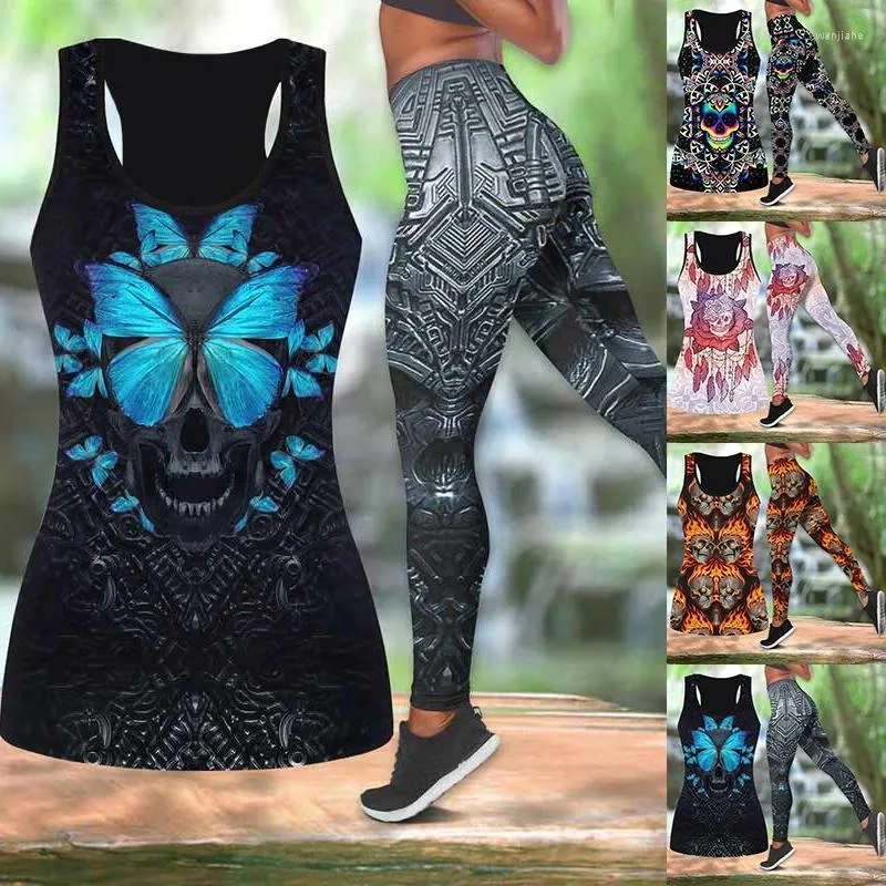 Frauen Hosen Frauen Fashiom Punk Schädel Druck Schmetterling 3D Zwei Stücke Set Ärmelloses Hemd Und Legging Sommer Combo Anzug XS-8XL