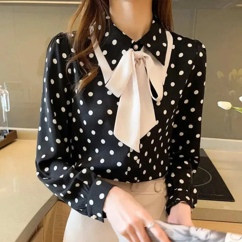 Womens Elegant Fashion Polka Dot Bow Chiffon Shirts Office Lady All-match Blouses Loose Chic Casual Blouse Female 3XL 240322