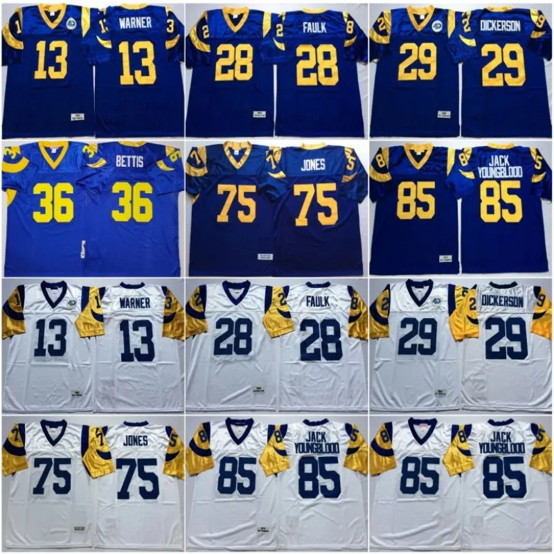 Vintage 29 Eric Dickerson 36 Jerome Bettis Maillots de football 28 Marshall Faulk 85 Jack Youngblood 13 Kurt Warner 75 Deacon Jones Chemises cousues Broderie 40e Patch