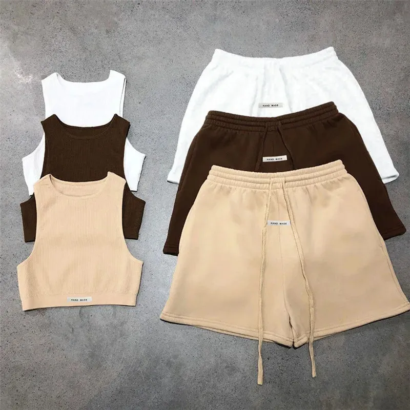 Sporty Solid Letter Two Piece Set Women Ribbed Skinny Tank Tops Loose Casual Bandage Shorts Matching Female Tracksuit 240312