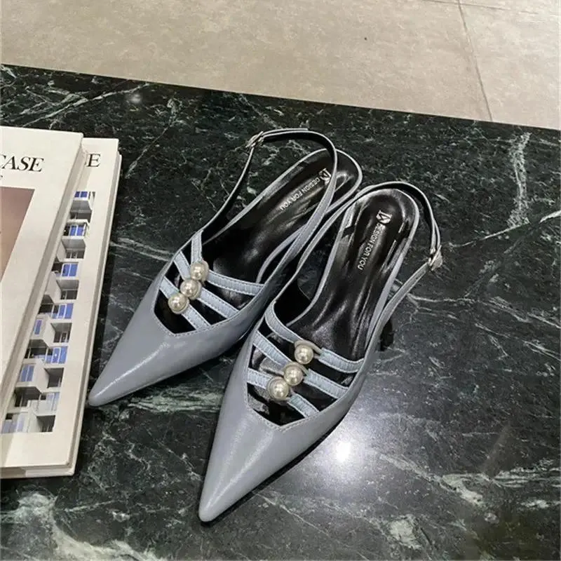 Sandals Pointed Toe Women Fashion Pearl Decoration High Heels Buckle Strap Mature Ladies Shoes 2024 Summer Sexy Sandalias