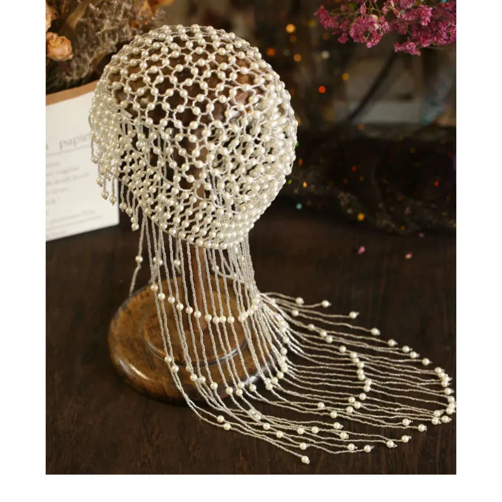 Estético vintage feminino pérola exótica borla cabeça de dança do ventre chapéu headwrap/acessório de cabelo/headpiece para festa de casamento mostrando