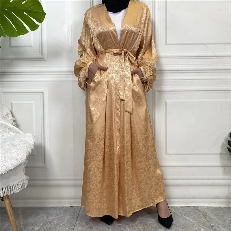 Etnik Giyim saten kimono Müslüman kadınlar maxi elbise Dubai Açık Abaya Eid Ramazan İslami Jalabiya Femme HARDIGAN Arap Robi Kaftan