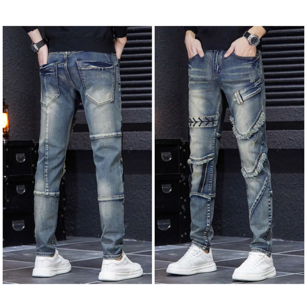 2022 Herbst Neue Straße Trendy Herren Jeans Gespleißt Slim Fit, Zerkratzt und Abgenutzt Loch Beggar's Kleine Gerade Mid Rise Hosen