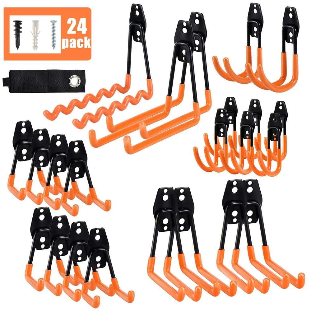 AOBEN Crochets, paquet de 24 organisateurs de cintres robustes, rangement de garage à double paroi antidérapant pour échelle, outil électrique, vélo, cordes (23 crochets 1 sangle Hoder) - orange