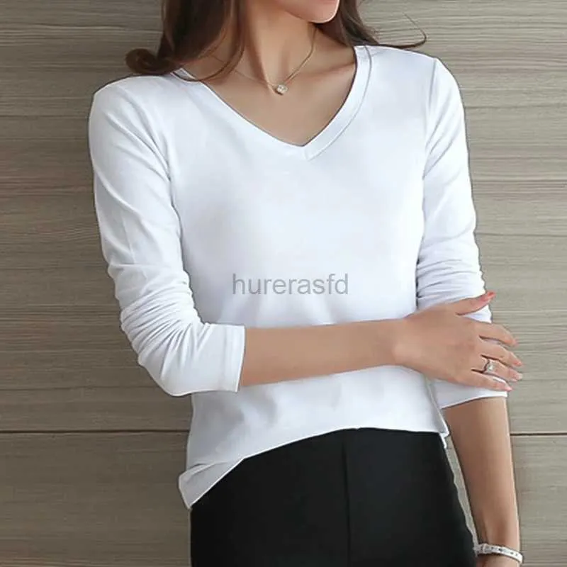 T-shirt femme T-shirt à manches longues pour femme avec bas rond ou col en V chemise de couleur unie noir et blanc 240323