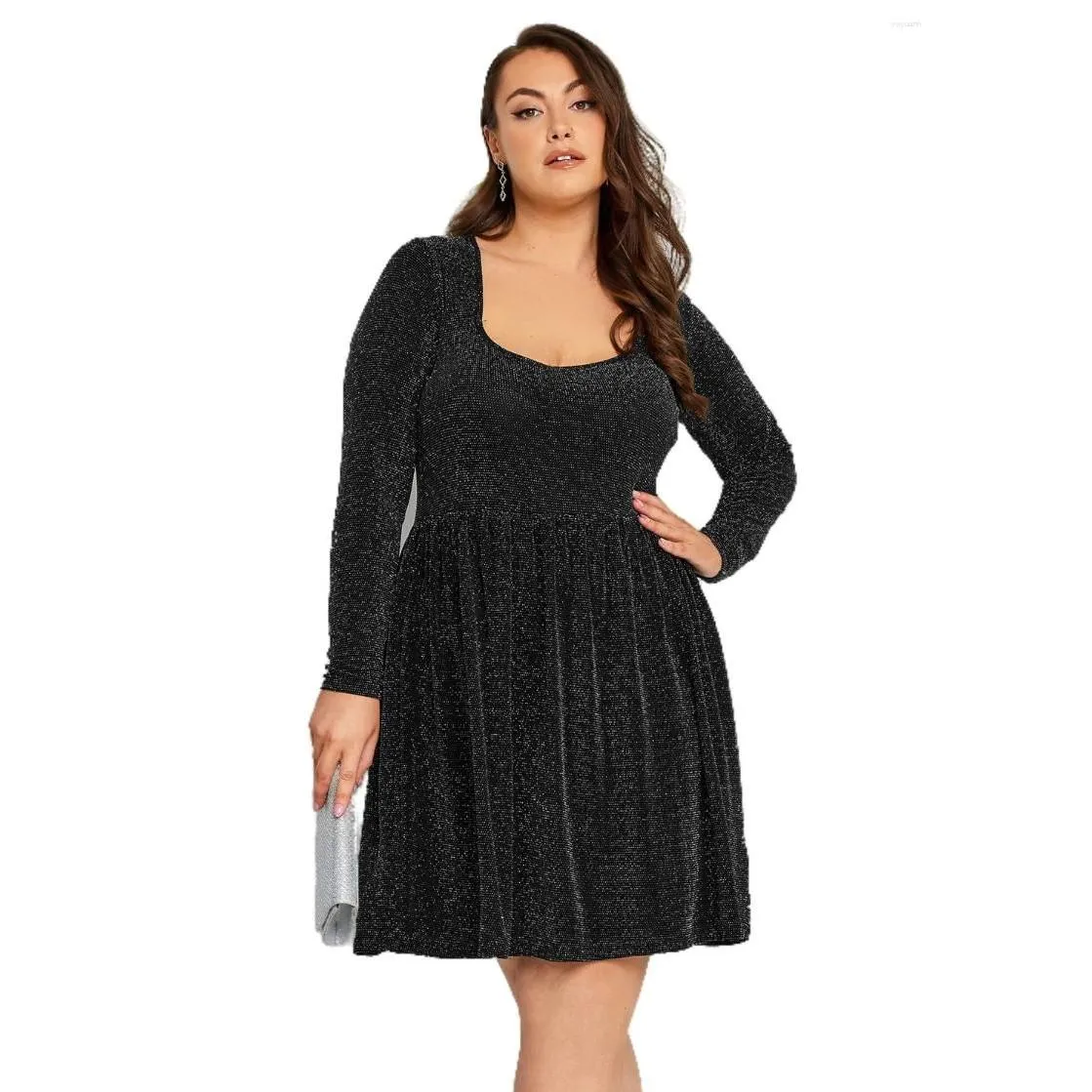 Abiti taglie forti Manica lunga Elegante Primavera Autunno Abito da festa Donna Nero Nastro glitterato Sera Grande Midi 7Xl 8Xl Consegna a domicilio Ap Otpn3