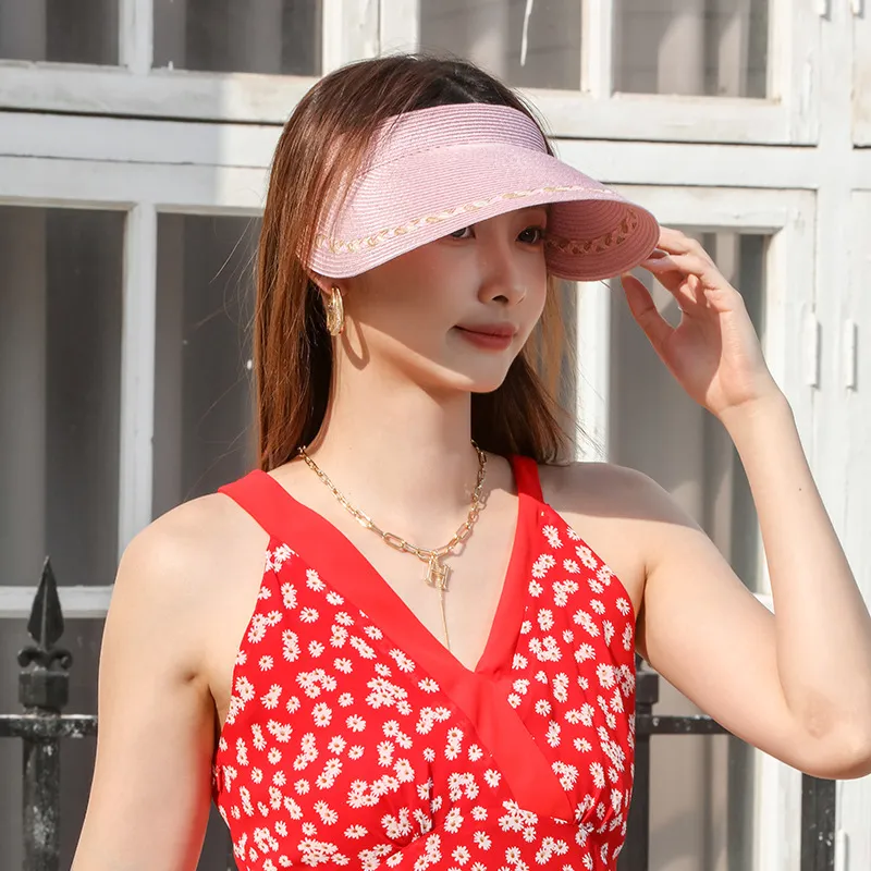 Fashion Straw Sun Hat Wide Brim Holiday Sunshade, Open Top Visor