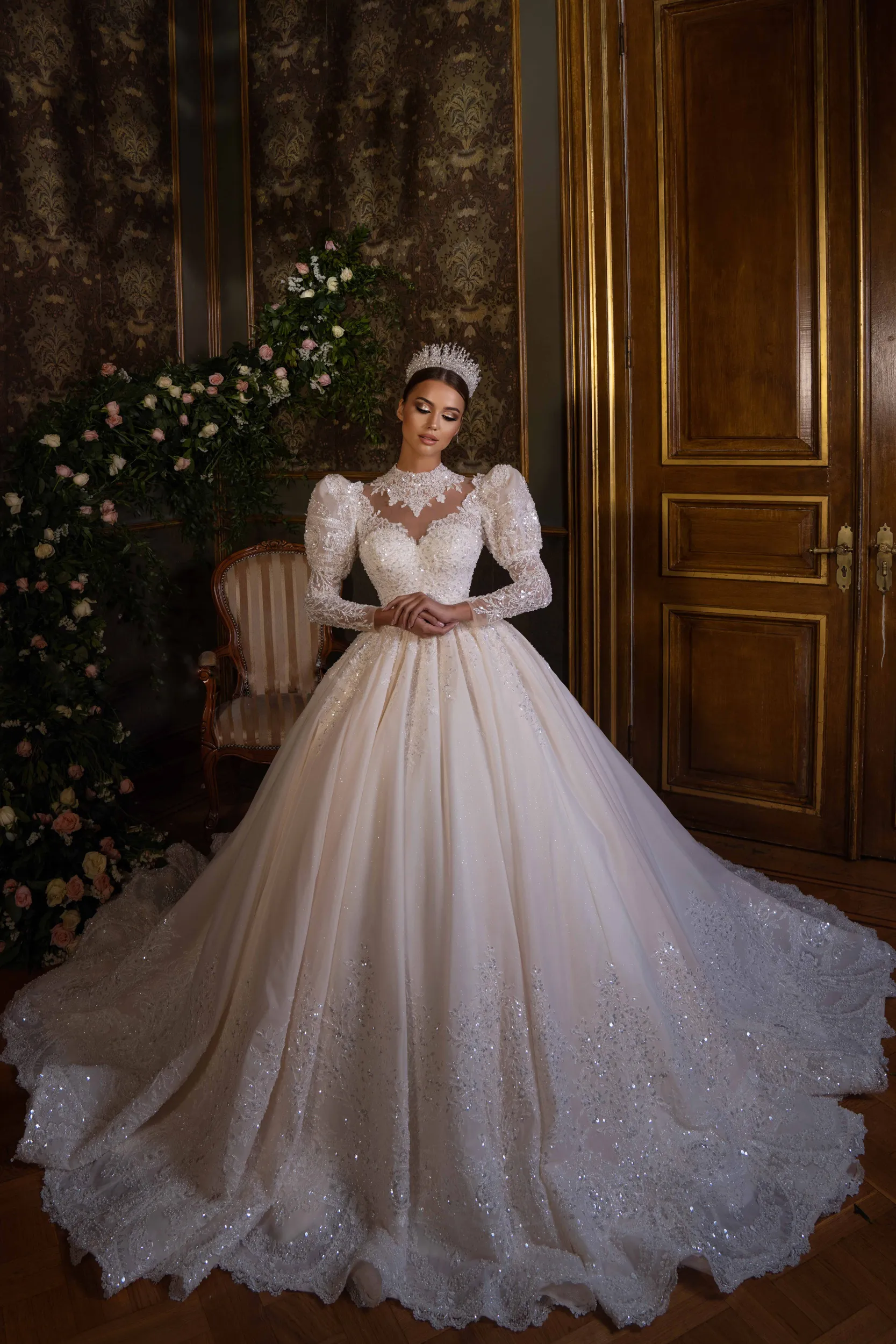 High Neck Beaded Lace Fluffy Tulle Wedding Dresses, Long Sleeves Bridal Gown, Long Wedding Dresses High Neck Beaded Lace Fluffy Tulle Wedding Dresses, Long Sleeves Bridal Gown, Long Wedding Dresses