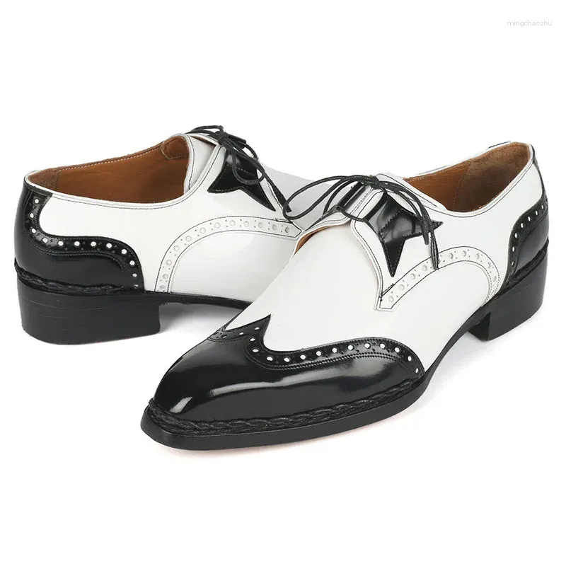 Robe chaussures à la main mariage homme bout pointu blanc noir patchwork lacets appartements mode masculine