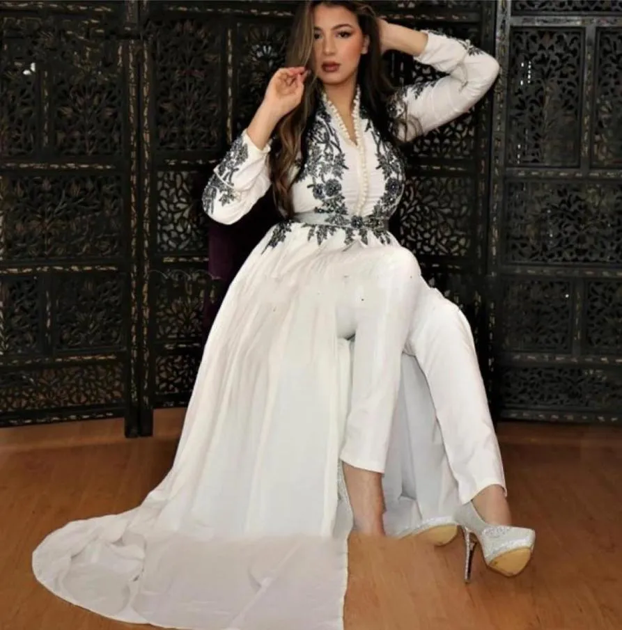 Dubai árabe uma linha vestido de noite pantsuits branco manga longa macacão vestidos de baile calça terno overskirt trem vestidos de festa marroquino4083969