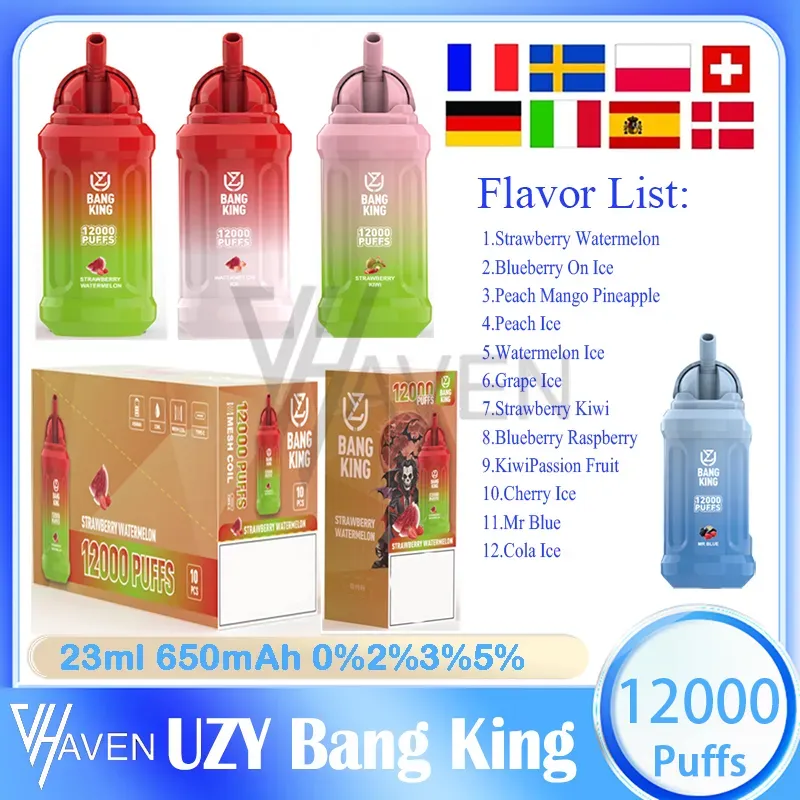 Original UZY Bang King 12000 Puffs Bars jetables Vape Pen E cigarettes 23 ml Cartouche de dosettes pré-remplies 650 mAh Batterie rechargeable Puffs 12K