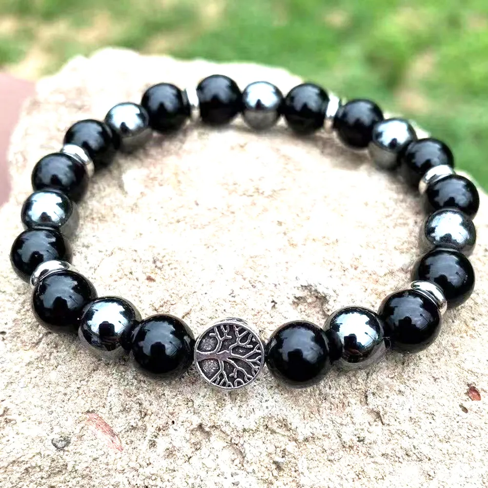 Bracelet arbre de vie en Tourmaline noire et hématite pour hommes, nouveau Design, Protection énergétique, soulagement du Stress, Yoga Mala, nouveau Design, MG2074