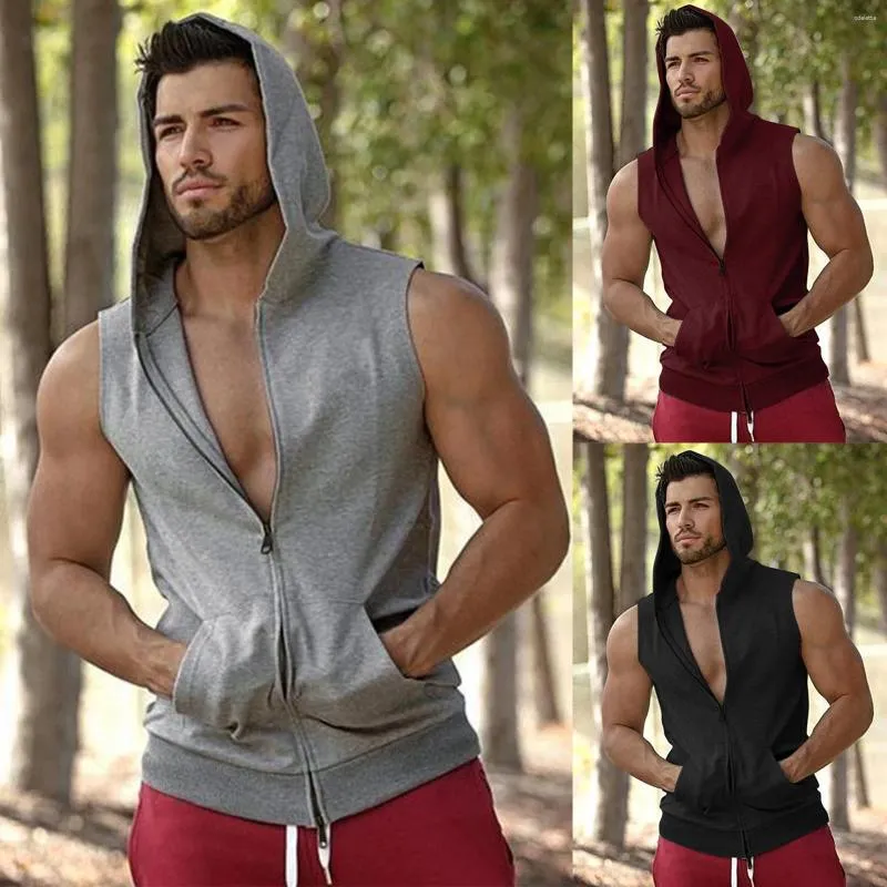 Herrtankstoppar varumärke Gym Hooded Double Zipper Men Bodybuilding Cotton Sleeveless Vest Sweatshirt Fitness Workout Sportwear Top Man