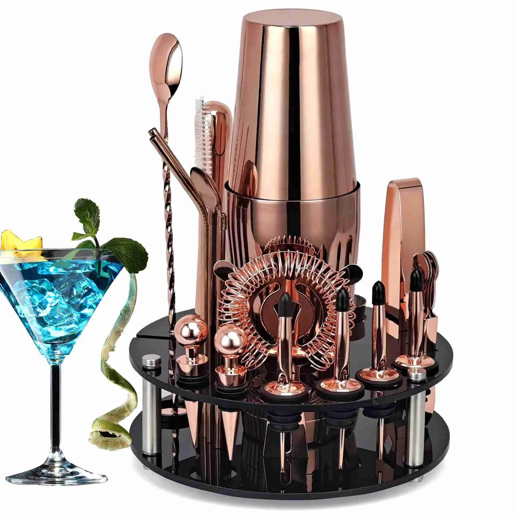 Outils de bar barman kit20 pièces rose en or shaker cocktail ensemble avec stand en acrylique rotatif pour boissons mélangées martini outils de bar à la maison 240322