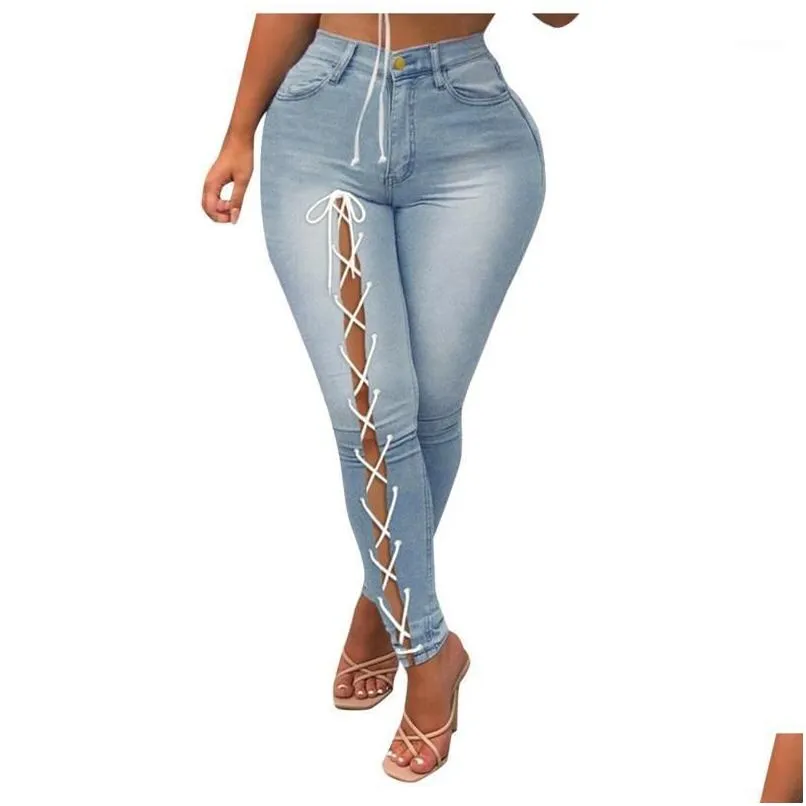 Jeans para mujer para mujer Botón de mujer Cintura alta Banda delgada Micro Pantalones Agujero Costura Hilo Pantalones Vintage Denim Pantalon Pour Drop de Dhz9O