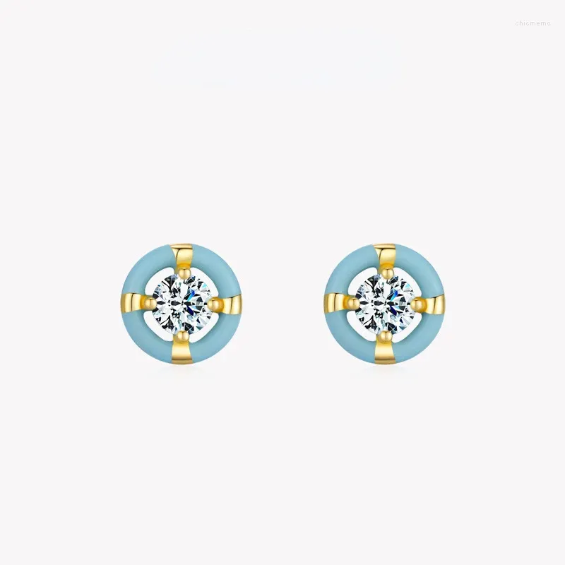 Kolczyki stadninowe S925 Silver Ear Studs okrągłe niebieskie szkliwo europejskie i amerykańskie styl prosty luksusowy diament platowany 14K