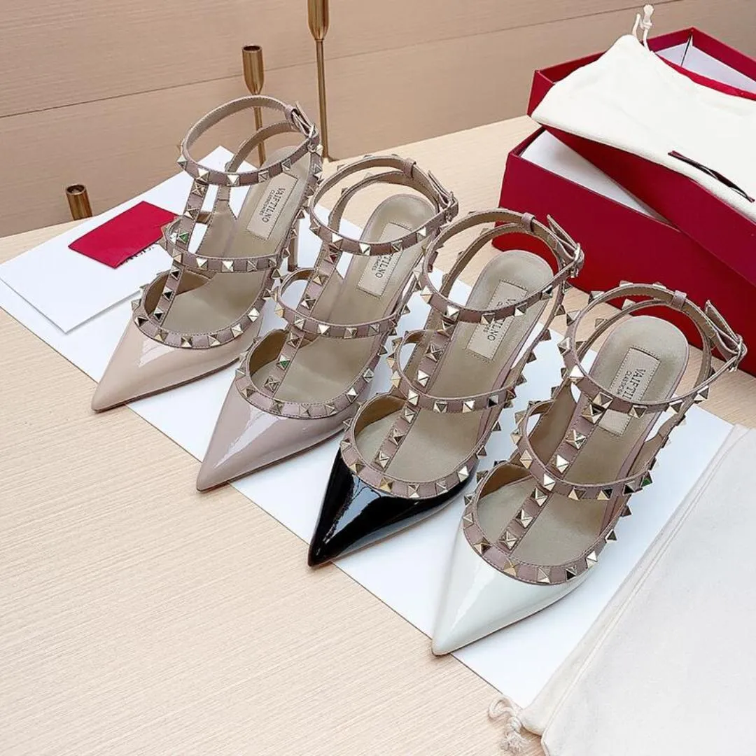 Sandalias de diseñador para mujer, tacones altos, zapatos con remaches puntiagudos, 6cm, 8cm, 10cm, sandalias con dos cinturones para mujer, verano 35-44