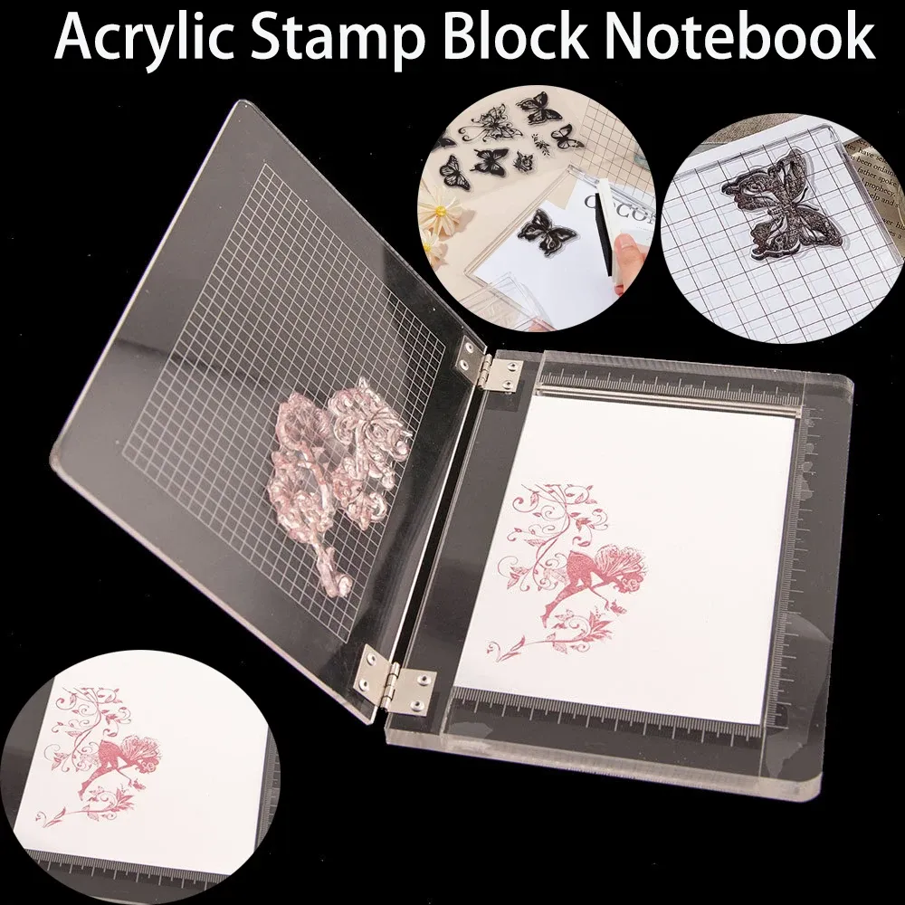 Boormachine Acryl-Stempelblock, Notebook-Typ, klares Stempelwerkzeug-Set mit Gitterlinien für Scrapbooking, Basteln, Kartenherstellung, Positionierungswerkzeug