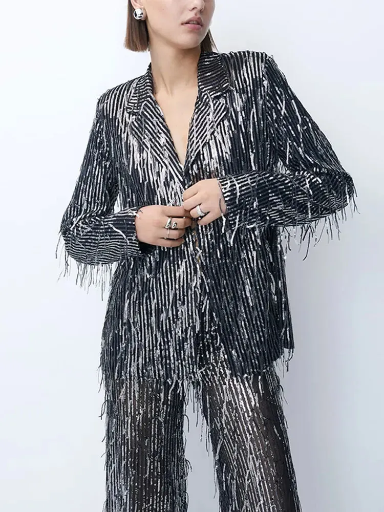 Buckle Tassel Glitter Lapel Blazer Pants Suit Fashion Shinny Slim Coat Loose Set 2023 Party Evening Club Outfits 240315