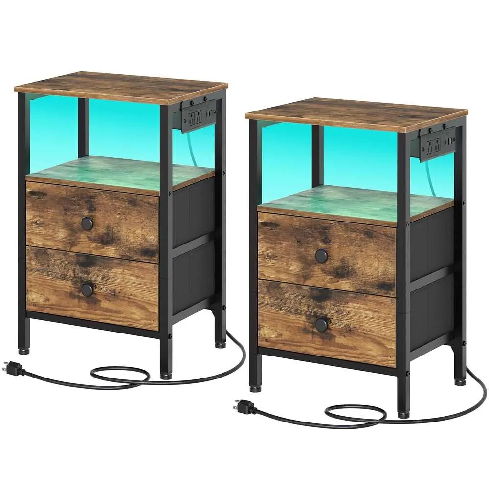 YATINEY Charging Station, Tables LED Lights, Side Table with 2 Non-woven Drawers, Coffee Bedroom, Living Room Bedside Table, Country Brown and Black ET12L2BR