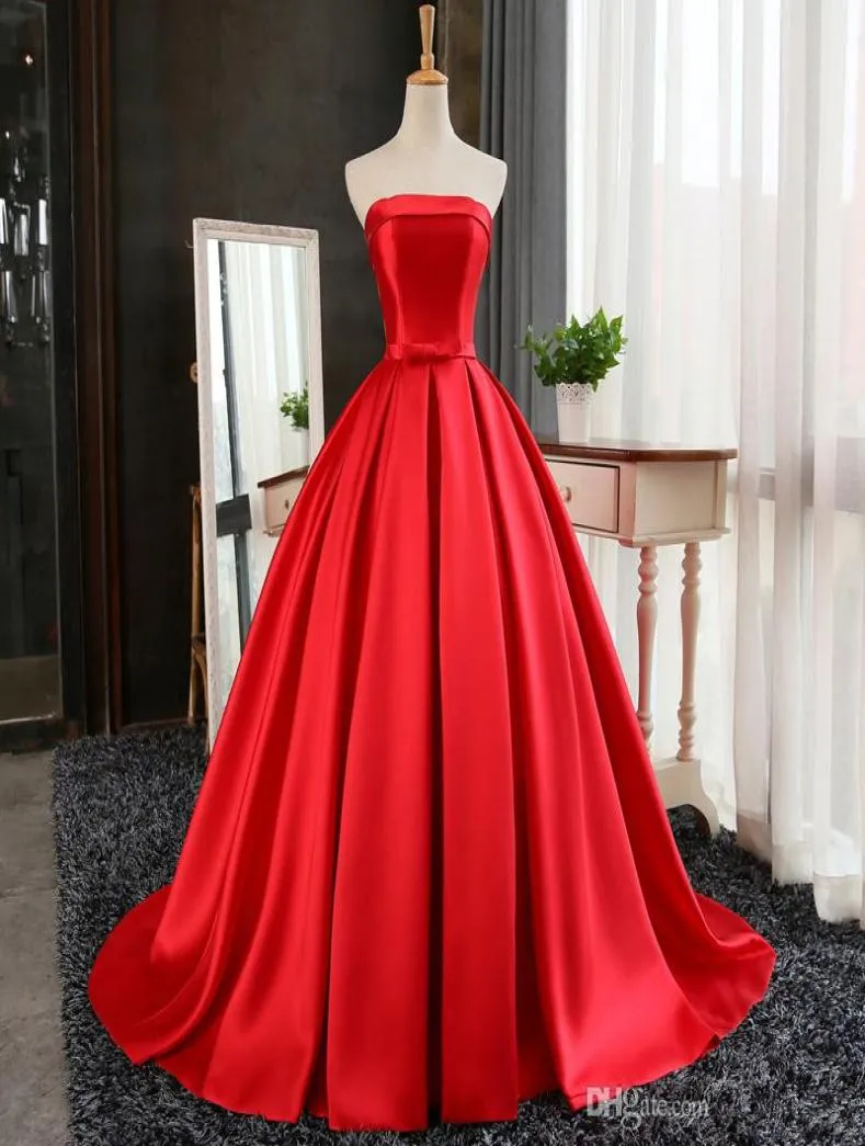 Satynowe sukienki bez ramiączki długie sukienki wieczorowe 2019 Red Floor Długość balowa sukienki na imprezę elegancką 1907269