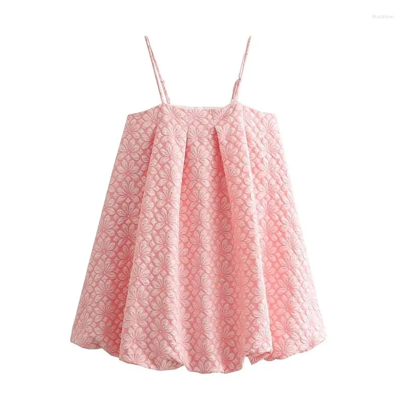 Casual klänningar yenkye söta kvinnor rosa jacquard spaghetti rem klänning sexig ärmlösa damer a-line mini sommar kort vestidos