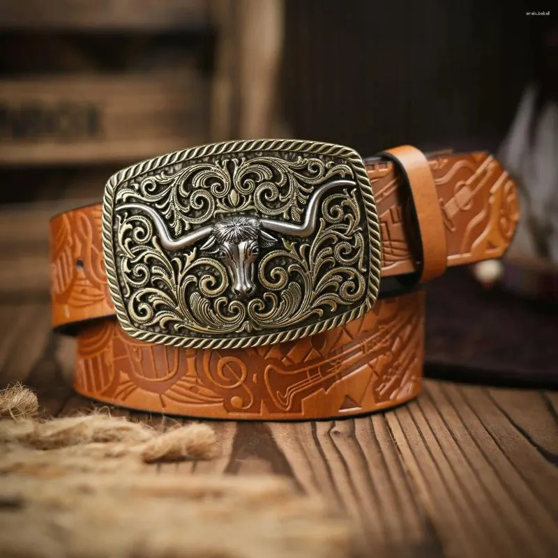 Bälten Western Cowboy Pu Leather Belt - Män midja remmen Bull Decoration Floral Graved Jeans Pantalones Hombre Pasek Spodni Accessori