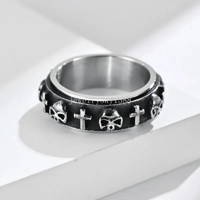 Edelstahl Dekomprimieren Ring Retro 3D Schädel Jesus Kreuz Drehbare Ringe Band für Männer Goth Schmuck