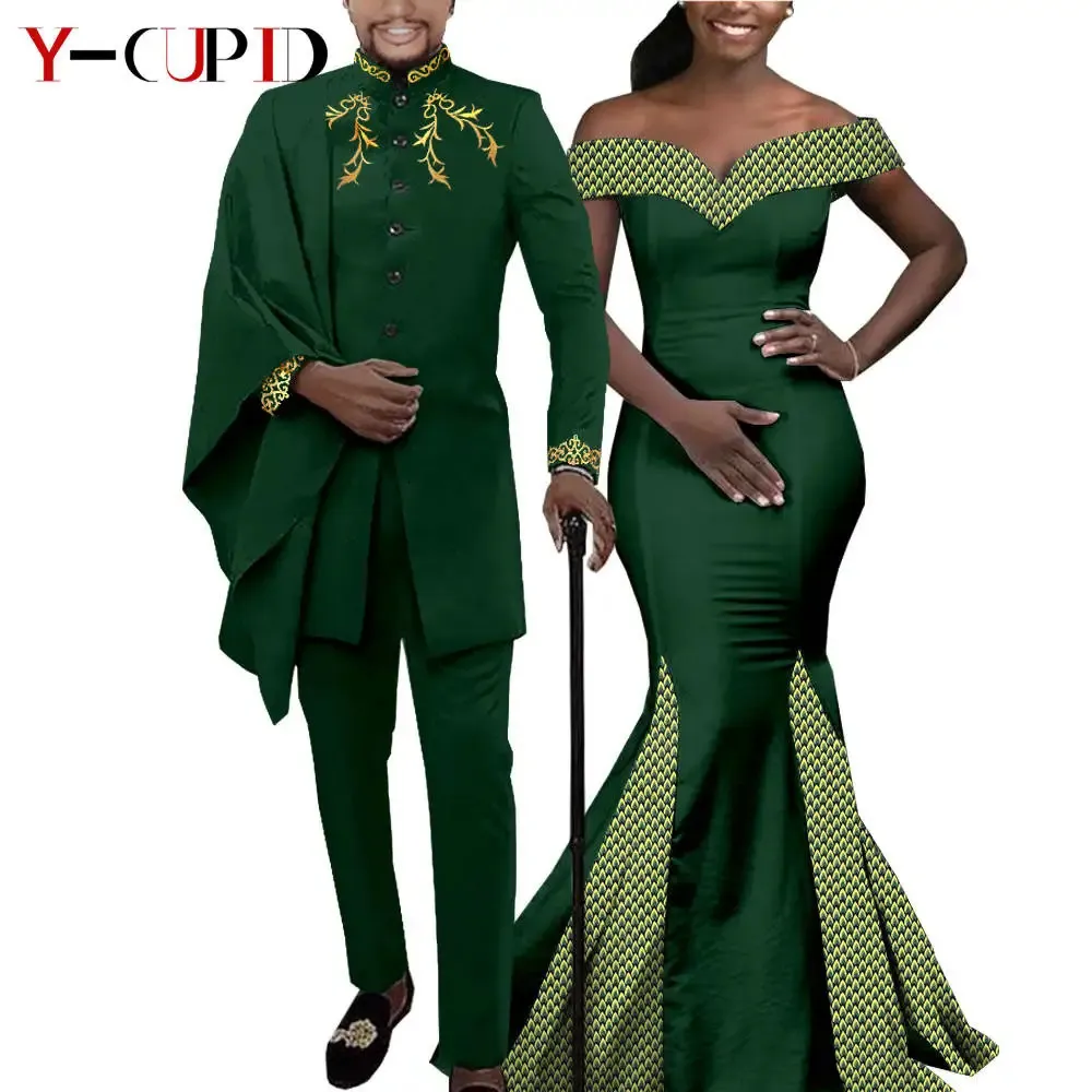 DHgate African Couple Matching Clothes for Wedding Womens Slim Mermaid Dress and Mens Irregular Jacket Pant Sets with Hat Apparel
