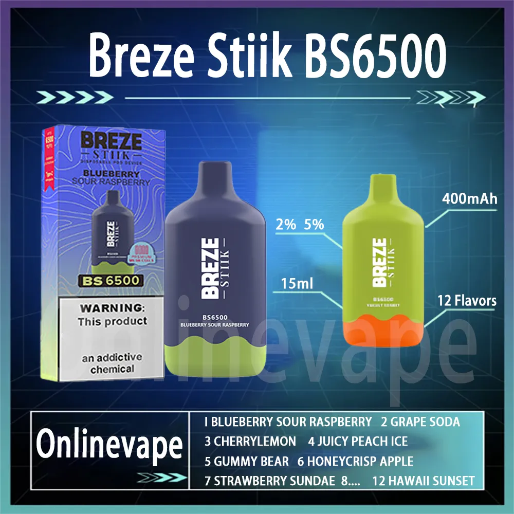 Originele Breze Stiik BS6500 Bladerdeeg Wegwerp E-sigaret Vape Pen Met E-Juice Oplaadbare 650mAh Batterij 16ml capaciteit 7500 trekjes 12 verschillende smaken