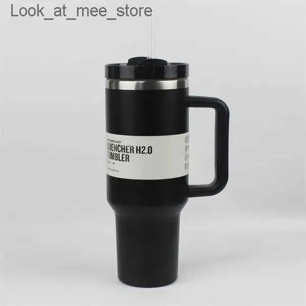 Mugs 1pcs H2.0 بالإضافة إلى 40 أوقية من الفولاذ المقاوم للصدأ من الفولاذ المقاوم للصدأ مع مقبض قش قش كبير السعة بيرة زجاجة ماء في الهواء الطلق فراغ Q240322
