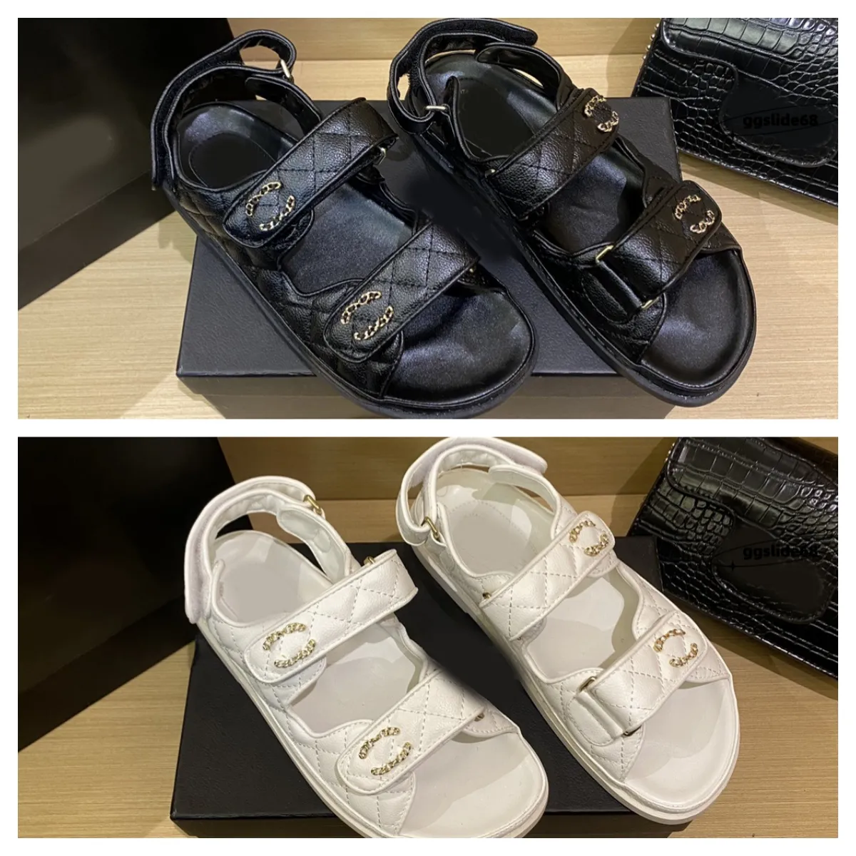 2024 Designer luxury ladies sandals quilted shoes platform flats low heel wedge diamond buckle slip on ankle strap beach