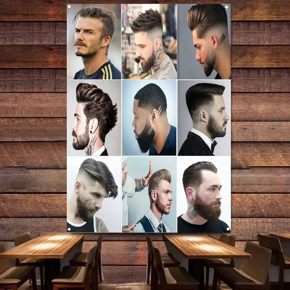 Accessori Nuove acconciature da uomo lato corto Cartello da barbiere vintage Decorazione murale da parete Banner Bandiera Taglio di capelli Rasatura Poster Arazzo